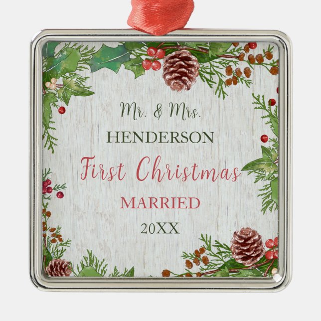 Rustic Newlyweds 1st Christmas Milestone Keepsake Metal Ornament (Front)
