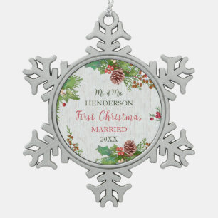 Rustic Newlyweds 1st Christmas Milestone Keepsake Snowflake Pewter Christmas Ornament