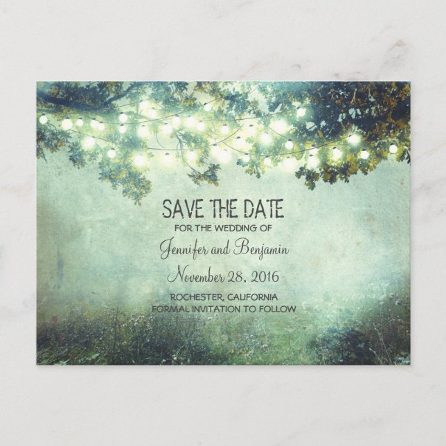 Rustic Night Lights Branches Save The Date Announcement Postcard (Front)