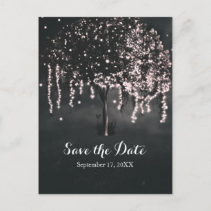 Rustic Night Mossy Tree Lights Save the Date Announcement Postcard