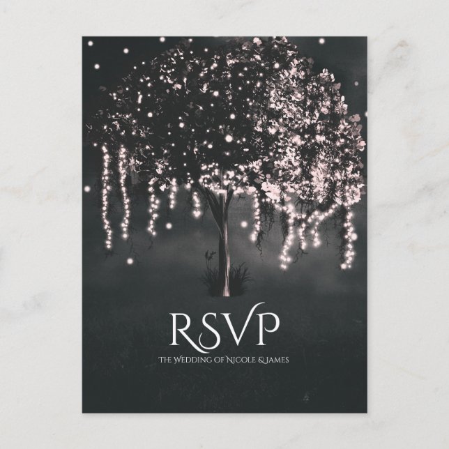 Rustic Night Mossy Tree Lights Wedding RSVP Invitation Postcard (Front)