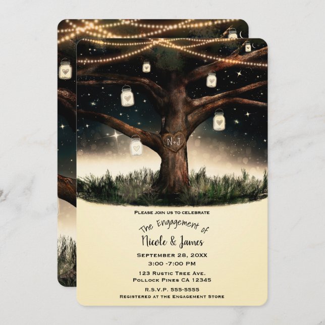 Rustic Night Tree Lights & Mason Jars Engagement Invitation (Front/Back)