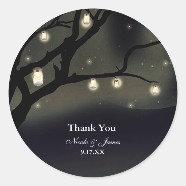 Rustic Night Tree & Mason Jar Lights Wedding Favou Classic Round Sticker (Front)