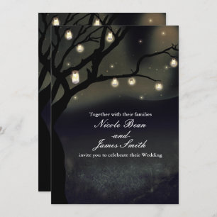Rustic Night Tree & Mason Jar Lights Wedding Invitation