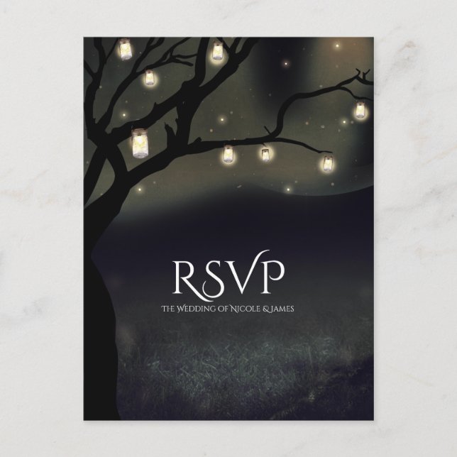 Rustic Night Tree & Mason Jar Lights Wedding RSVP Invitation Postcard (Front)
