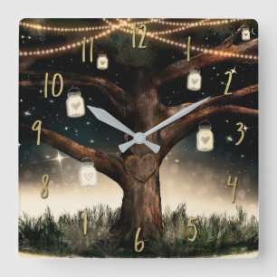 Rustic Night Tree with Lights & Mason Jars Square Wall Clock