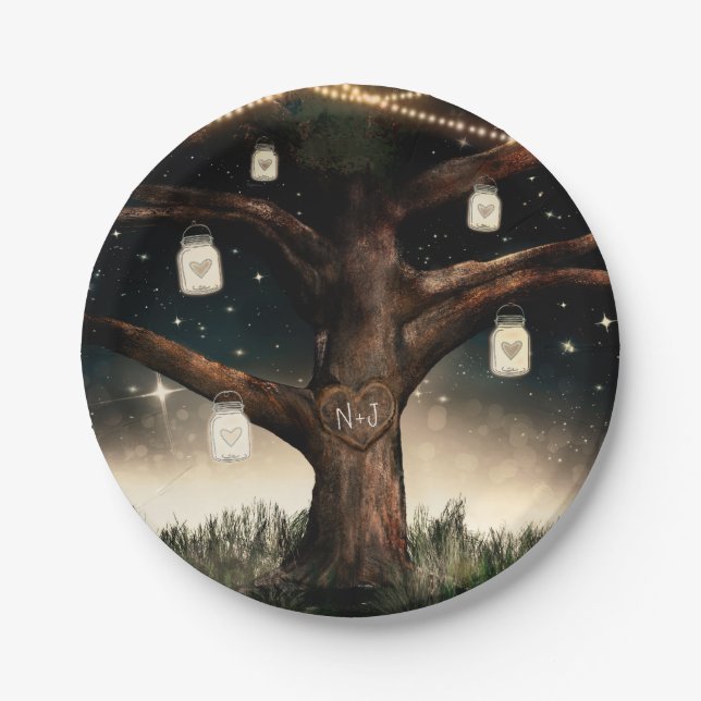 Rustic Night Tree with Lights & Mason Jars Wedding Paper Plate (Front)
