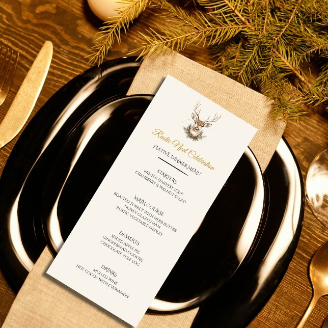 Rustic Noël Christmas Dinner Menu Card (Rustic Noel Christmas menu card — rustic elegance with a grand reindeer. Customizable.)