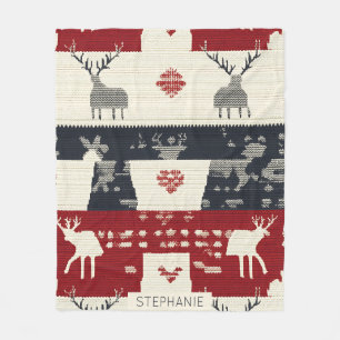 Rustic Nordic Reindeer & Snowflake   Knit Pattern Fleece Blanket