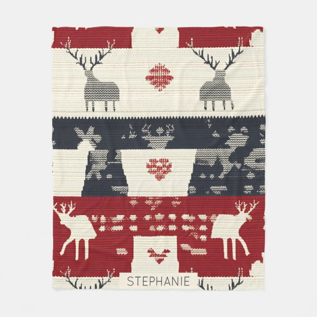 Rustic Nordic Reindeer & Snowflake | Knit Pattern Fleece Blanket (Front)