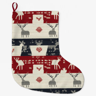 Rustic Nordic Reindeer & Snowflake Knit Pattern Large Christmas Stocking