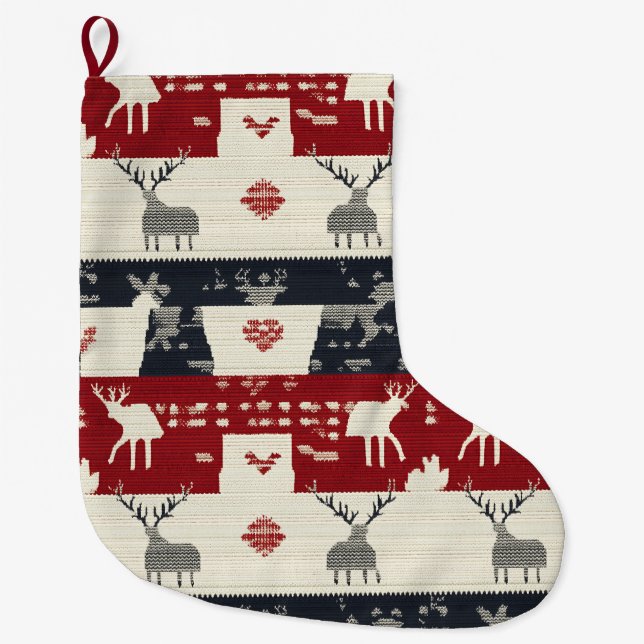 Rustic Nordic Reindeer & Snowflake | Knit Pattern Large Christmas Stocking (Front)
