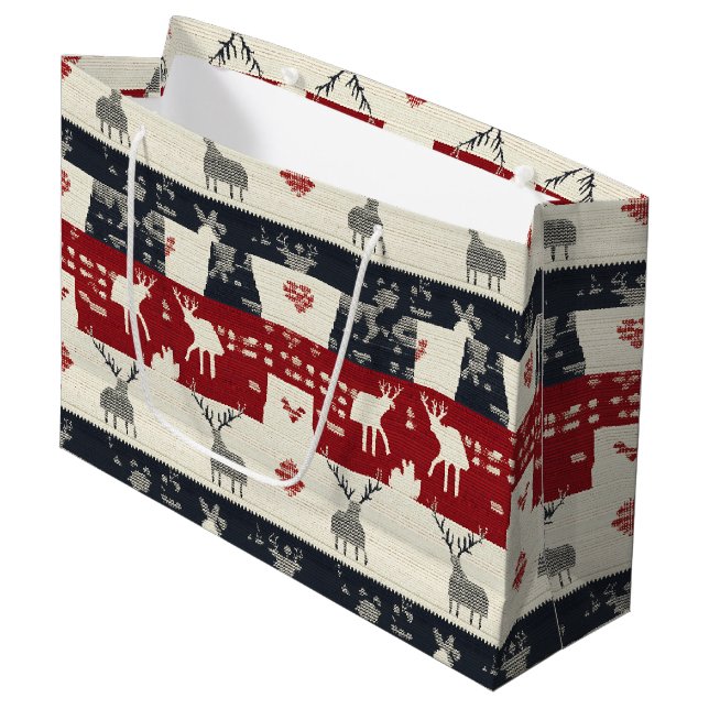 Rustic Nordic Reindeer & Snowflake | Knit Pattern Large Gift Bag (Front Angled)
