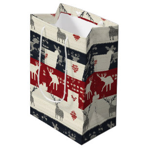 Rustic Nordic Reindeer & Snowflake Knit Pattern Medium Gift Bag