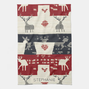 Rustic Nordic Reindeer & Snowflake Knit Pattern Tea Towel