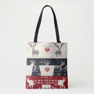 Rustic Nordic Reindeer & Snowflake Knit Pattern Tote Bag