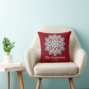 Rustic Nordic Snowflake Custom Family Name Cushion