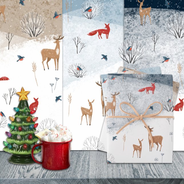 Rustic Nordic Winter Fox Deer Snowy Mountain Wrapping Paper Sheet (Winter Fox Deer Snowy Mountain Christmas Holiday Wrapping Paper Sheets Trio)