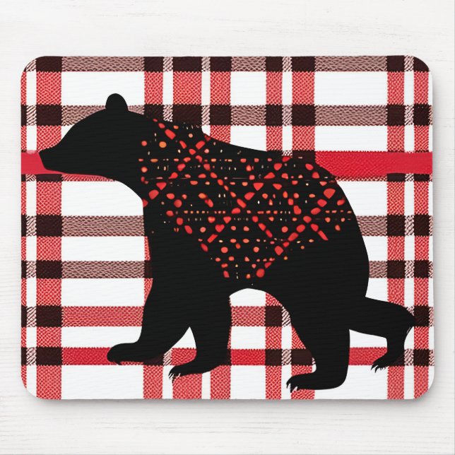 Rustic Northwoods Black Bear Silhouette On Plaid Mouse Pad (Front)