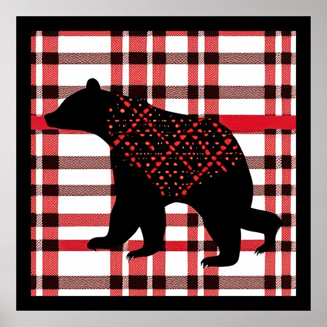 Rustic Northwoods Black Bear Silhouette On Plaid Poster (Front)