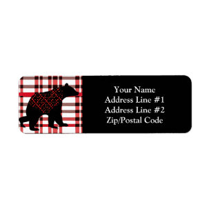 Rustic Northwoods Black Bear Silhouette On Plaid Return Address Label