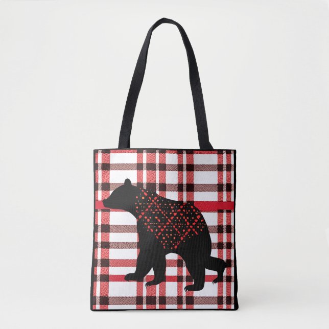 Rustic Northwoods Black Bear Silhouette On Plaid Tote Bag (Front)