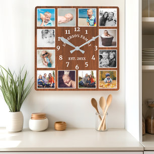 Rustic Oak Barn Wood Farmhouse 12 Photo Collage Square Wall Clock