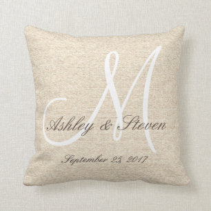 Rustic Oak Linen Look with White Monogram Cushion
