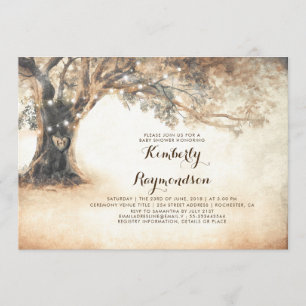 Rustic Oak Tree and String Lights Baby Shower Invitation