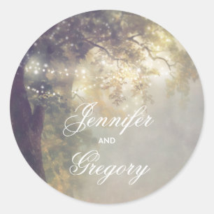 Rustic Oak Tree and String Lights Vintage Wedding Classic Round Sticker