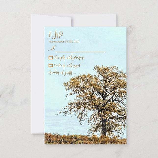 Rustic Oak Tree Autumn Wedding RSVP Card (Front)