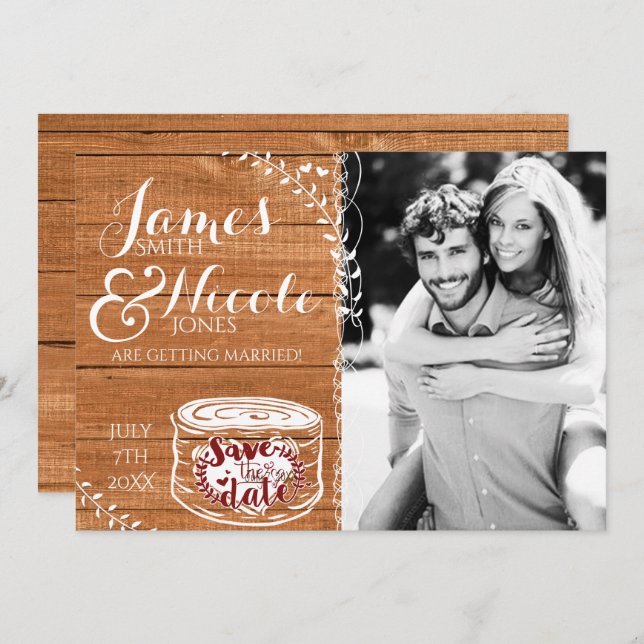 Rustic Oak Wood & Heart Stump Photo Save the Date Invitation (Front/Back)