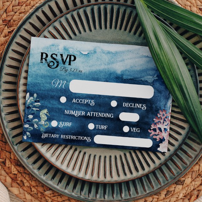 Rustic Ocean Dietary Restrictions Monogram RSVP Card (Creator Uploaded)