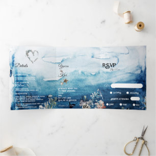 Rustic Ocean Menu-Choice RSVP Wedding Tri-Fold Invitation