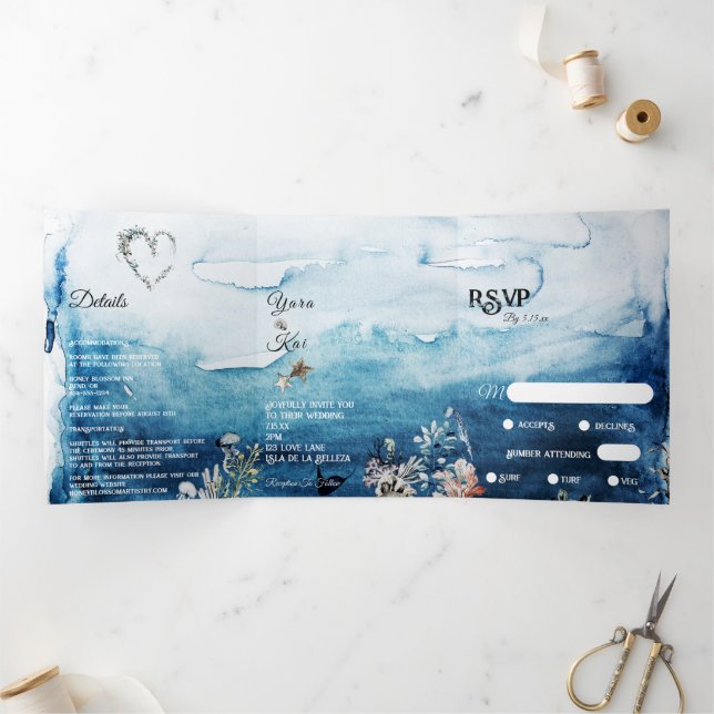 Rustic Ocean Menu-Choice RSVP Wedding Tri-Fold Invitation (Inside)