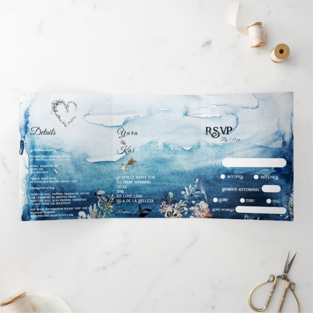 Rustic Ocean Song Request RSVP Wedding Tri-Fold Invitation (Inside)