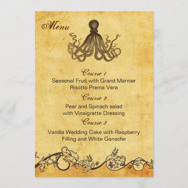 rustic octopus beach wedding menu cards (Front)