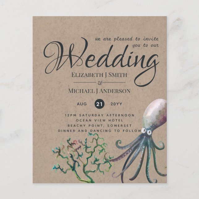 Rustic Octopus Ocean Sea Wedding Invites Budget (Front)