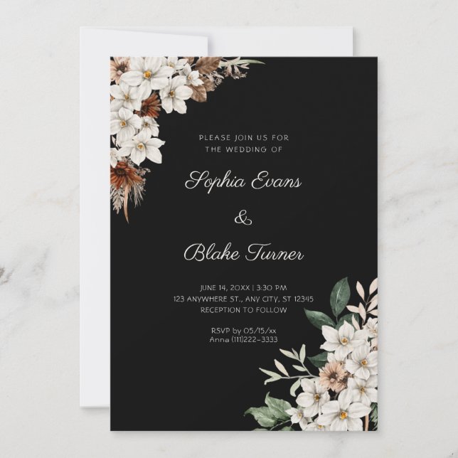 Rustic Off White Flowers Boho Black Wedding Invitation (Front)