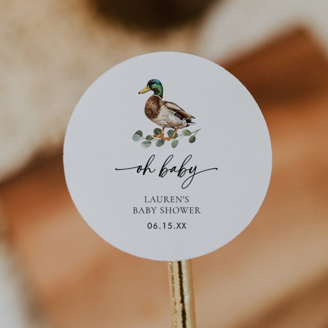 Rustic Oh Baby Mallard Duck Baby Shower Classic Round Sticker (Creator Uploaded)