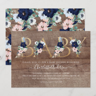 Rustic Oh Baby Navy Blue Blush Floral Baby Shower Invitation