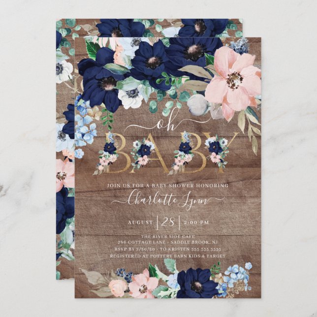 Rustic Oh Baby Navy Blue Blush Floral Baby Shower Invitation (Front/Back)