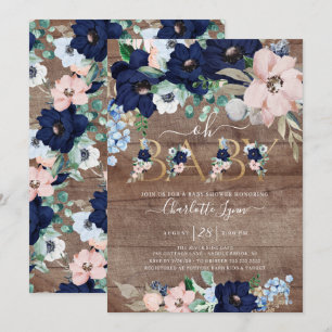 Rustic Oh Baby Navy Blue Blush Floral Baby Shower Invitation