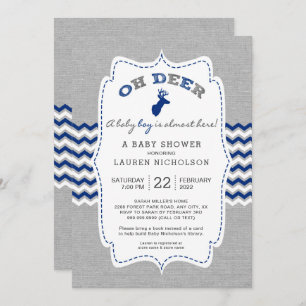 Rustic OH DEER Buck Baby Shower, navy grey Invitation