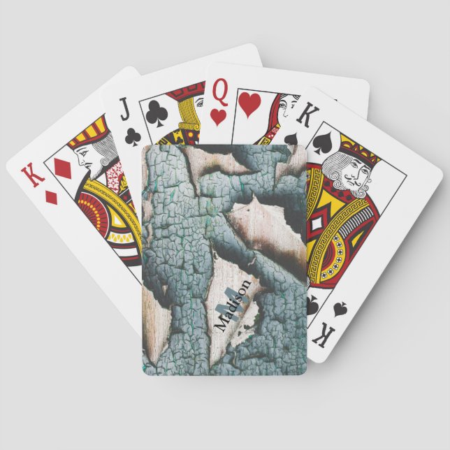 Rustic old blue green paint wood Custom Monogram Playing Cards (Back)