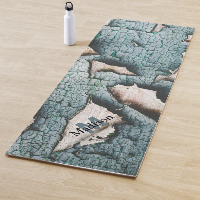 Rustic old blue green paint wood Custom Monogram Yoga Mat (In Situ)