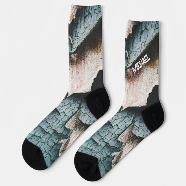 Rustic old blue green paint wood Custom name Socks (Left)