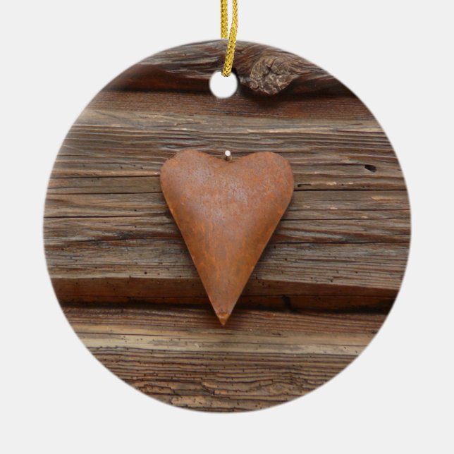 Rustic Old Heart on Log Cabin Wood Ceramic Ornament (Front)