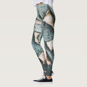Rustic old light blue green peeling paint wood leggings