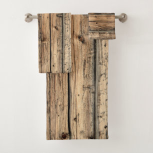 Rustic old oak wood wagon boards bath towel set